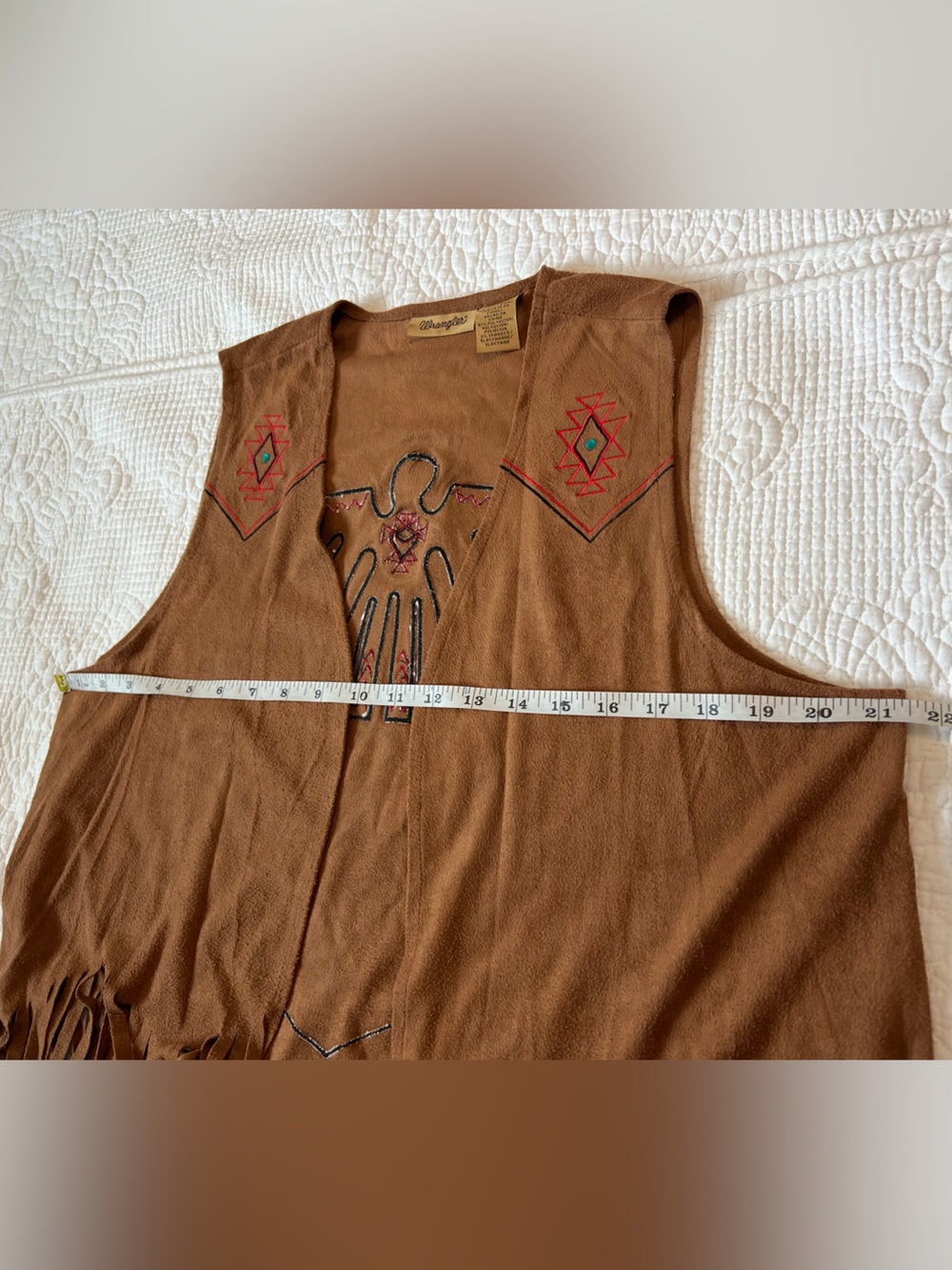 RARE Wrangler Faux-Suede Long Fringe Thunderbird Vest - Picture 9 of 10